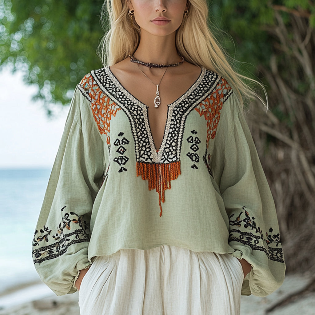 Women's Bohemian Ethnic Pattern Linen Style Casual Long-sleeved Top Shirt