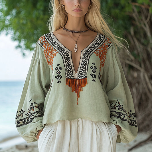 Women's Bohemian Ethnic Pattern Linen Style Casual Long-sleeved Top Shirt