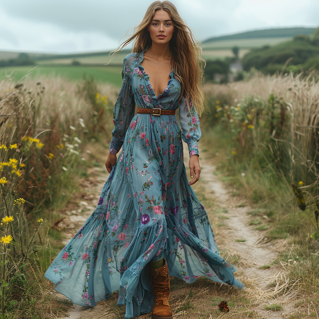Women's Vintage Country Pastoral Linen Style Long-sleeve Maxi Long Dress