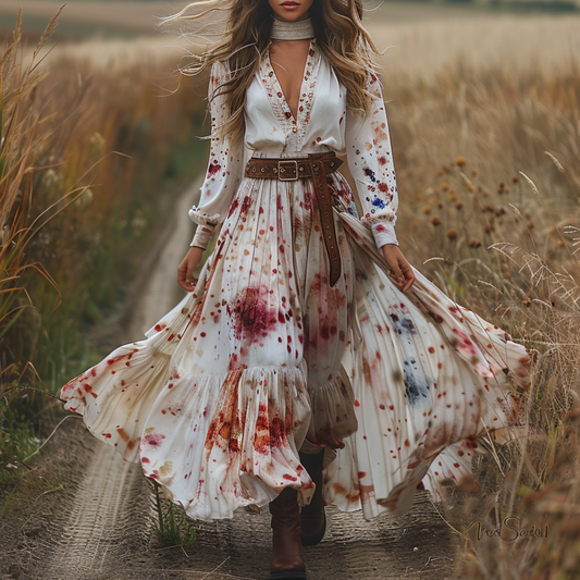 Women's Retro V-neck Linen Pastoral Halloween Style Long-sleeve Maxi Long Dress