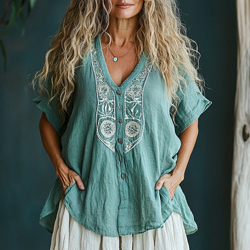 Women's Casual Bohemia Linen Style Short-sleeved Top Shirt