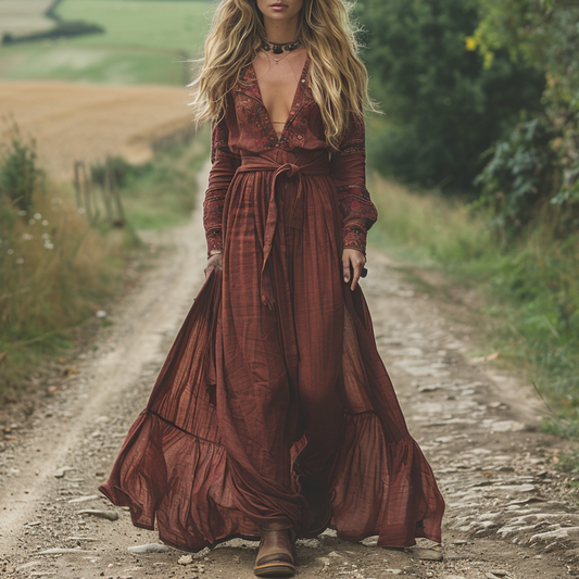 Women's Vintage V-neck Bohemian Pastoral Style Long-sleeved Maxi Long Dress