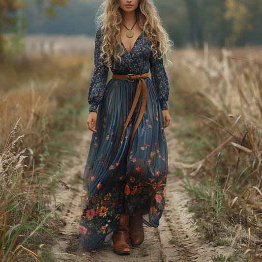 Women's Retro V-neck Floral Long-sleeve Bohemian Pastoral Style Maxi Long Dress