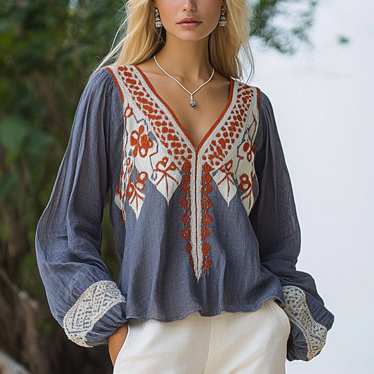 Women's Bohemian Ethnic Pattern Linen Style Casual Long-sleeved Top Shirt