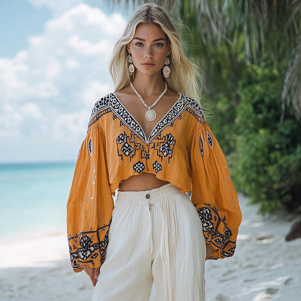 Women's Bohemian Ethnic Pattern Linen Style Casual Long-sleeved Top Shirt