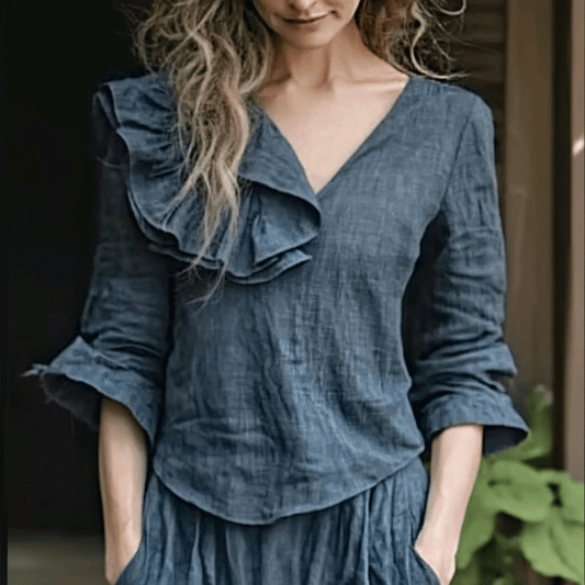 Women's Casual Linen Ruffled Long-sleeve Top Shirt