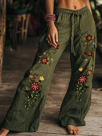 Hamivibe Vintage Floral Art Printed Cotton Linen Wide Leg Pants d628