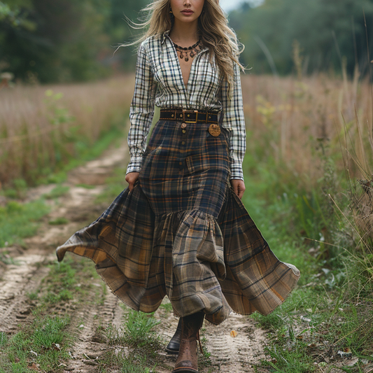 Women's Retro V-neck Plaid Long-sleeve Bohemian Pastoral Style Maxi Long Dress
