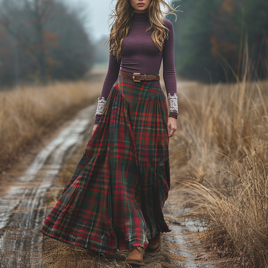 Women's Retro High Neck Long-sleeve Long Skirt Plaid Pastoral Style Maxi Long Dress