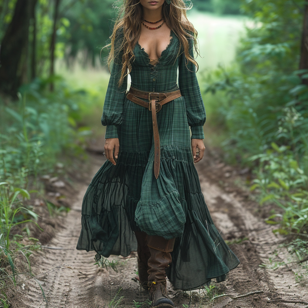 Women's Vintage V-neck Bohemian Pastoral Style Long-sleeve Maxi Long Dress