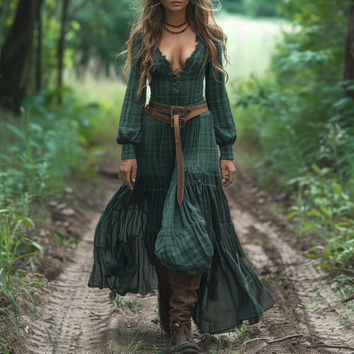 Women's Vintage V-neck Bohemian Pastoral Style Long-sleeve Maxi Long Dress