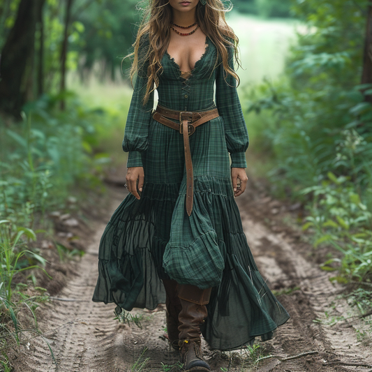 Women's Vintage V-neck Bohemian Pastoral Style Long-sleeve Maxi Long Dress
