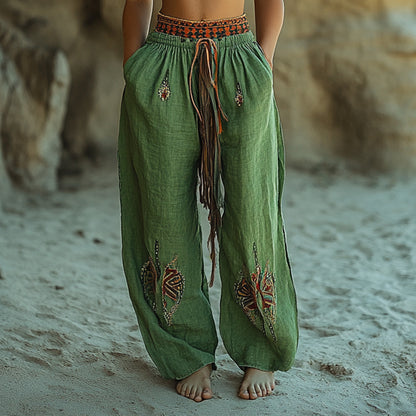 Women's Casual Bohemia Vacation Linen Style Long Loose Wide-leg Trouser Pants