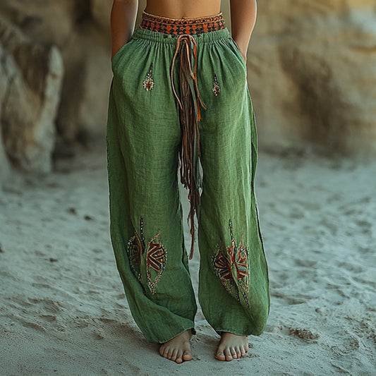 Women's Casual Bohemia Vacation Linen Style Long Loose Wide-leg Trouser Pants