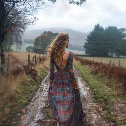 Women's Retro Pastoral Style Plaid Long-sleeve Sexy Maxi Long Dress