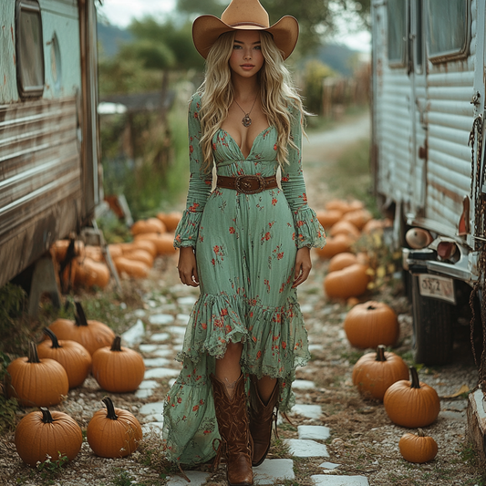 Vintage Cowgirl Style Halloween Floral Dress