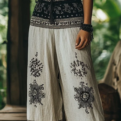 Hamivibe Vintage Bohemian Forest Floral Ethnic Art Printed Cotton Linen Wide Leg Pants 1b82
