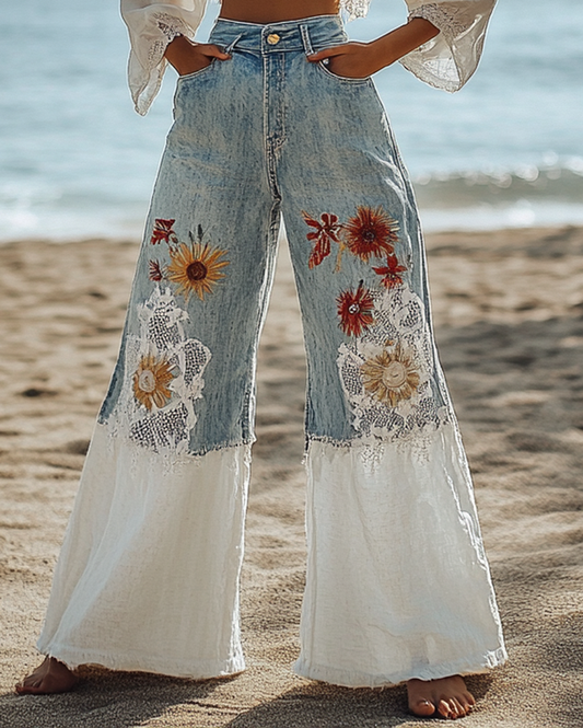 Summer Vacation Floral Embroidery Pants  dcb9