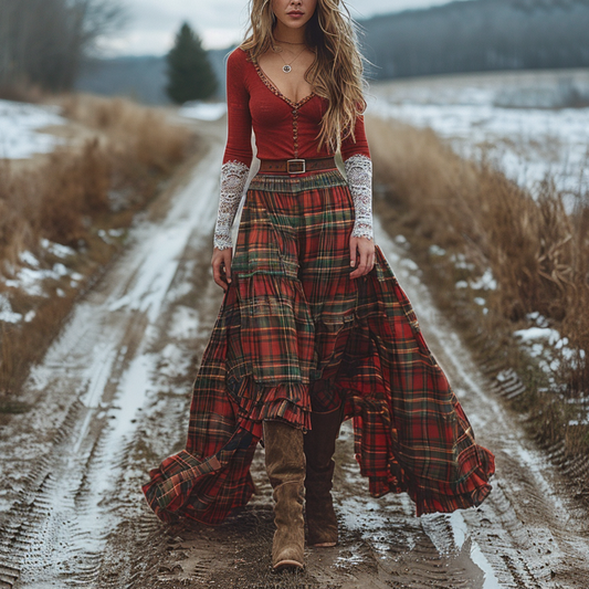 Women's Retro Plaid V-neck Long-sleeve Long Skirt Pastoral Style Maxi Long Dress