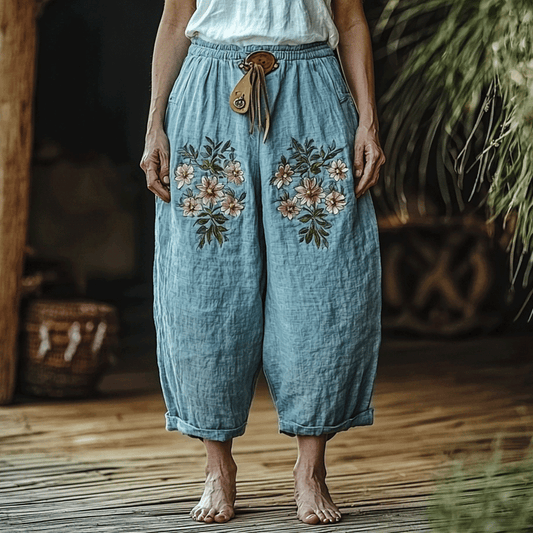 Women's Linen Bohemian Floral Style Cropped Harem Trouser Pants
