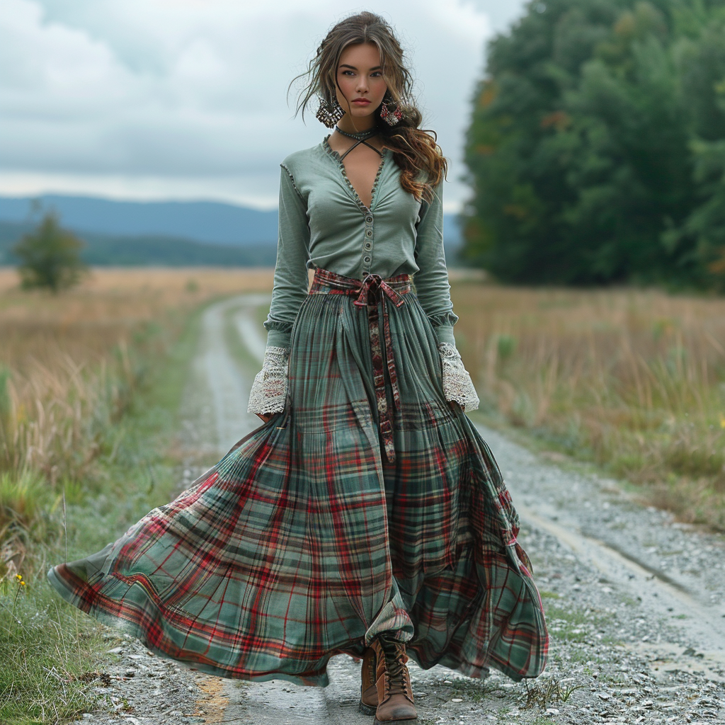 Women's Retro Plaid V-neck Long-sleeve Long Skirt Pastoral Style Maxi Long Dress