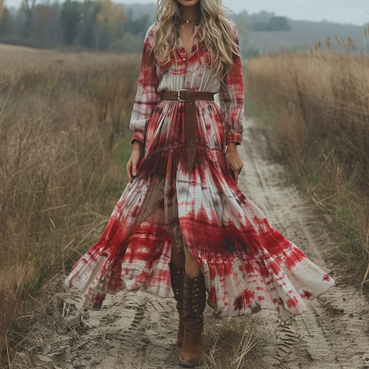 Women's Retro V-neck Linen Pastoral Halloween Style Long-sleeve Maxi Long Dress