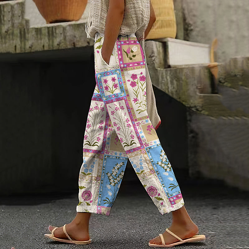 Women's Retro Geometric Floral Art Cotton And Linen Casual Pants de27