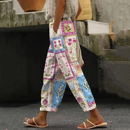 Women's Retro Geometric Floral Art Cotton And Linen Casual Pants de27