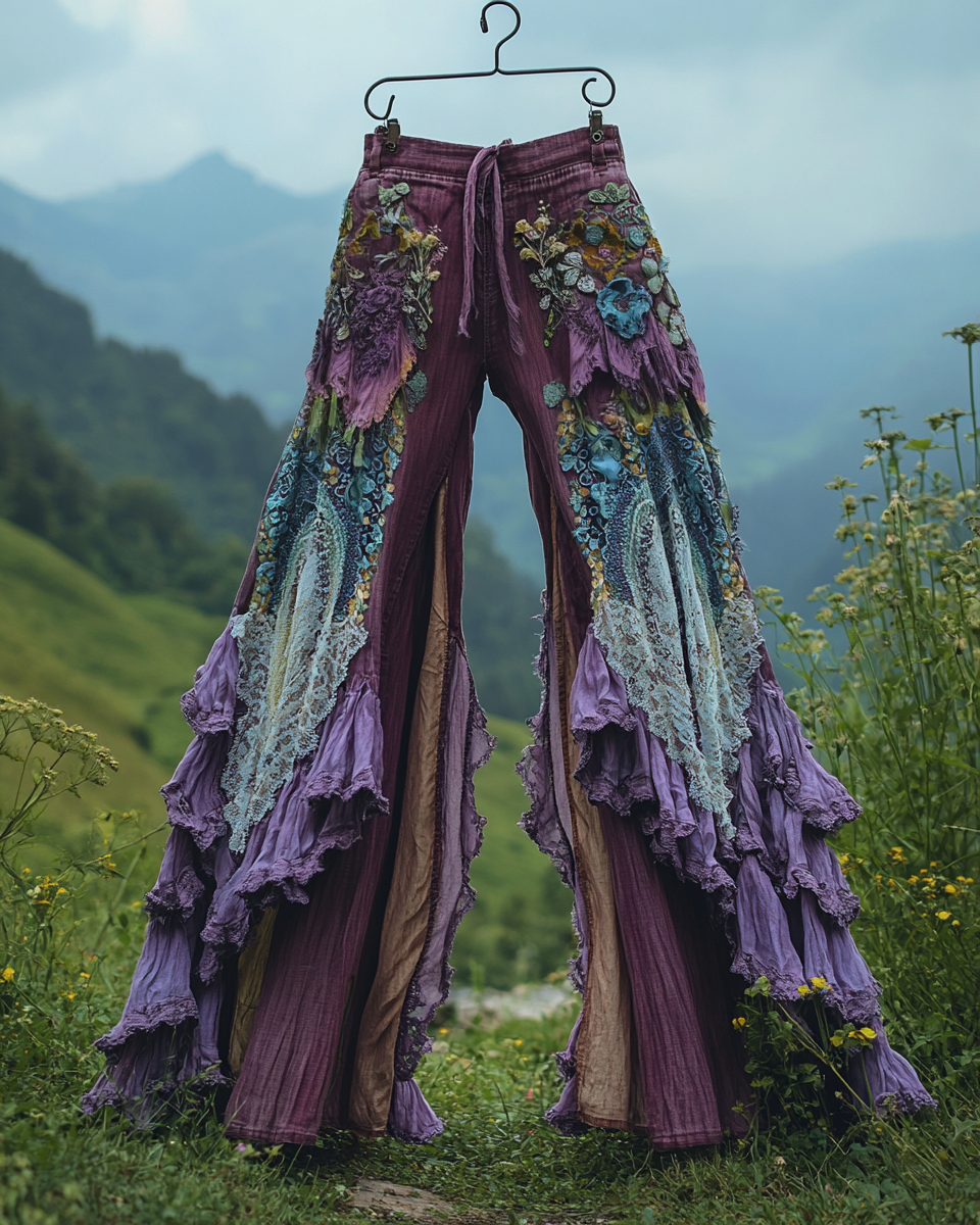 Summer ruffled denim cotton and linen patchwork contrast color pants caac
