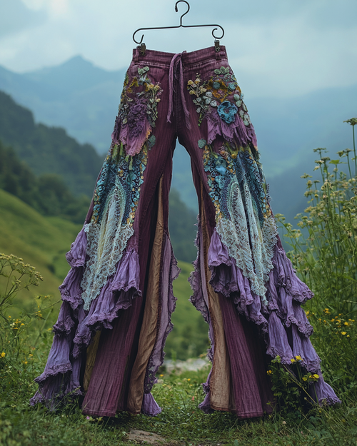 Summer ruffled denim cotton and linen patchwork contrast color pants caac