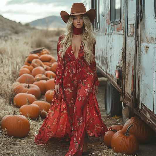 Vintage Cowgirl Style Halloween Floral Dress