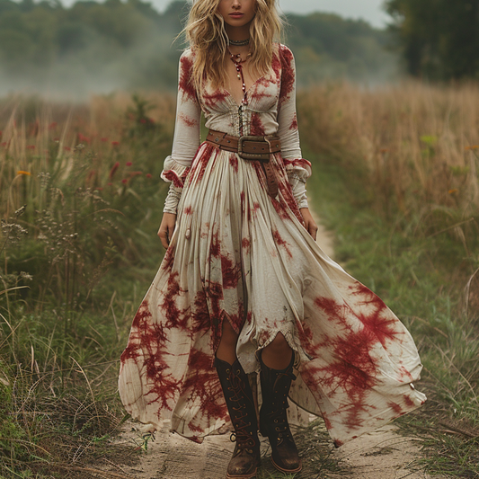 Women's Retro V-neck Linen Pastoral Halloween Style Long-sleeve Maxi Long Dress