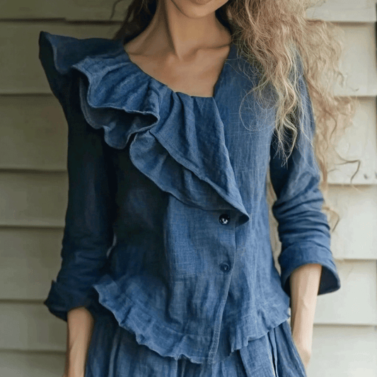 Women's Linen Asymmetric Ruffle Long-sleeve Top Shirt