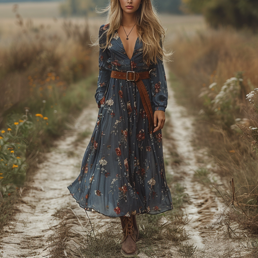 Women's Retro V-neck Floral Long-sleeve Bohemian Pastoral Style Maxi Long Dress