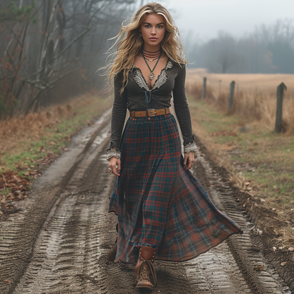 Women's Retro Plaid V-neck Long-sleeve Long Skirt Pastoral Style Maxi Long Dress