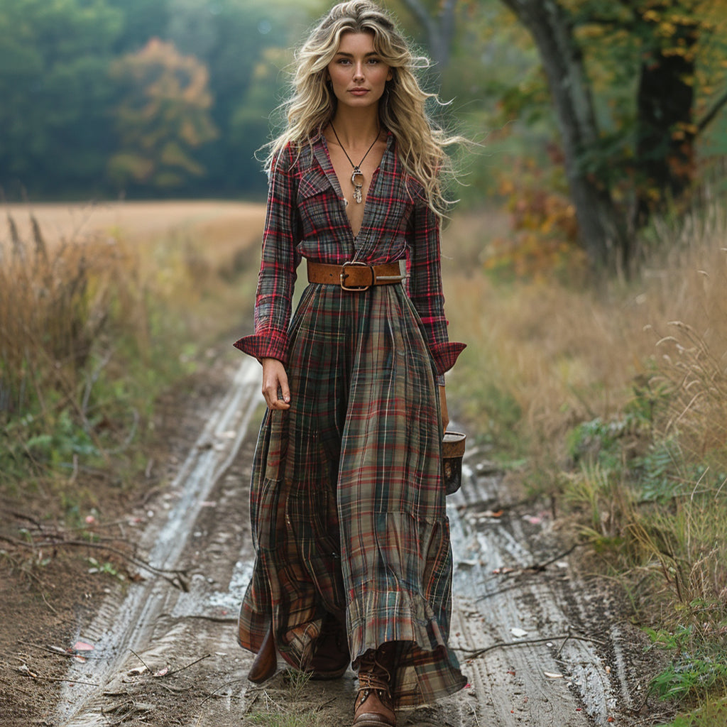 Women's Vintage V-neck Bohemian Pastoral Style Long-sleeve Maxi Long Dress