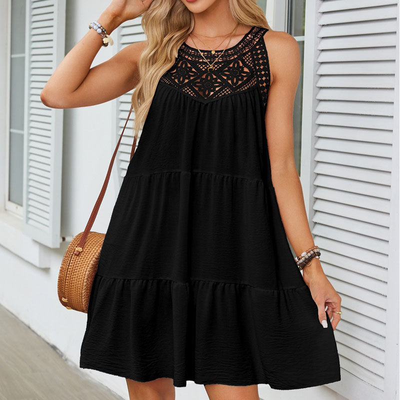 Hollow Lace Stitching Halter Neck A-line Dress
