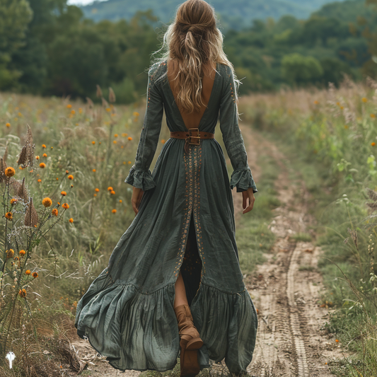 Women's Vintage V-neck Bohemian Pastoral Style Long-sleeve Maxi Long Dress