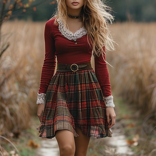 Women's Autumn And Winter Long-sleeve Dress Short Skirt Christmas Plaid Skirt