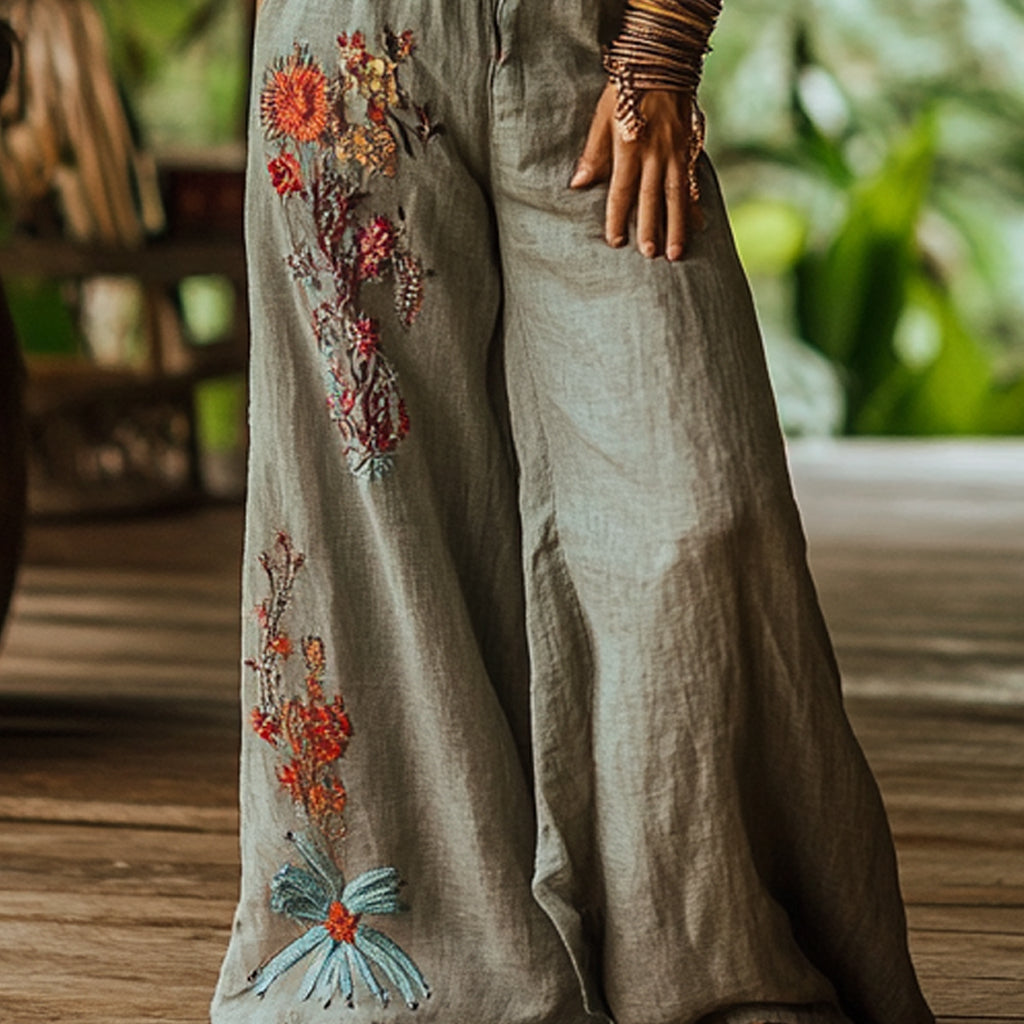 Bohemian Holiday Style Retro Linen Floral Ethnic Totem Print Casual Pants
