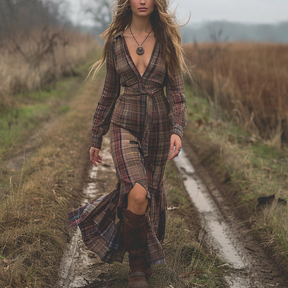 Women's Vintage V-neck Bohemian Pastoral Style Long-sleeve Maxi Long Dress