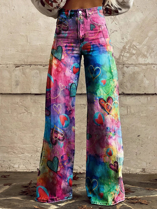 Women's Colorful Heart Print Casual Wide Leg Pants 4694