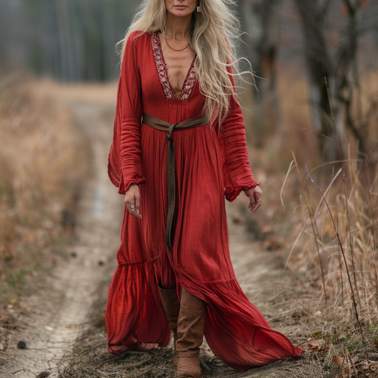 Women's Vintage Pastoral Style V-neck Linen Long-sleeve Maxi Long Dress