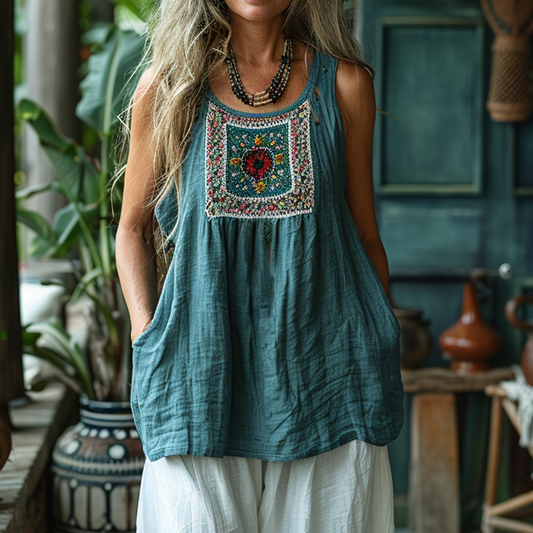 Women's Retro Loose Bohemia Ethnic Style Linen Suspender Sleeveless Top