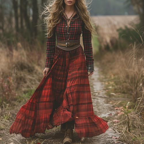 Women's Vintage V-neck Bohemian Pastoral Plaid Style Long-sleeve Maxi Long Dress