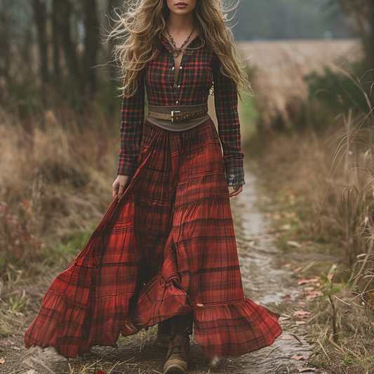 Women's Vintage V-neck Bohemian Pastoral Plaid Style Long-sleeve Maxi Long Dress