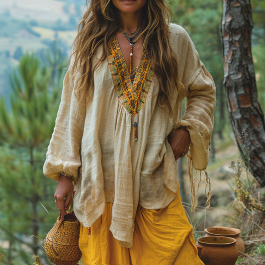 Women's Bohemian Linen Style Casual Long-sleeve Top Shirt