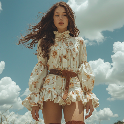 Women's Retro Floral Bohemian Pastoral Style Long-sleeved Mini Short Dress