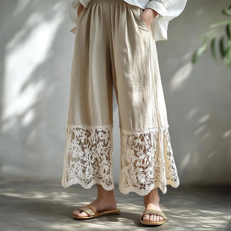 Hamivibe Vintage Hollow Floral Lace Patchwork Flowy Linen Pants 29d2