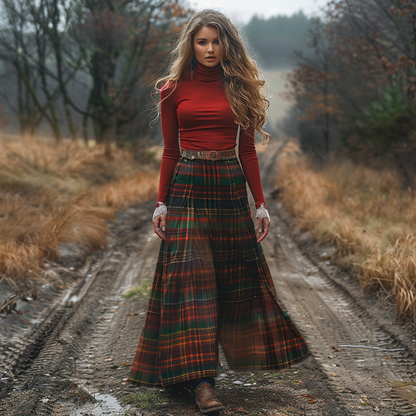 Women's Retro High Neck Long-sleeve Long Skirt Plaid Pastoral Style Maxi Long Dress